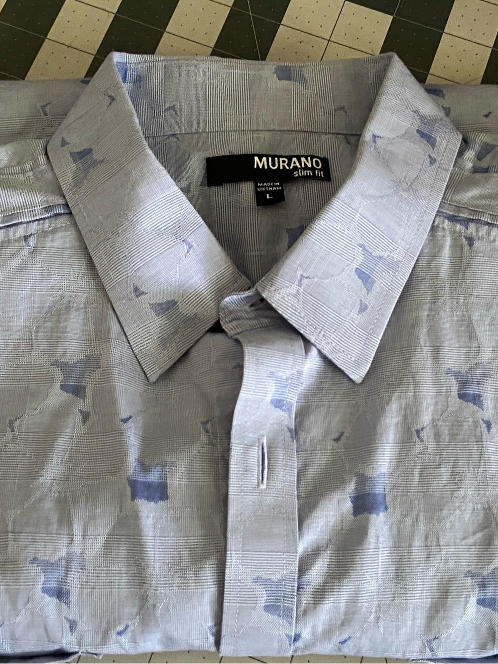 Murano Slim Fit Blue Patterned Men’s button up cotton short sleeve Shirt Large